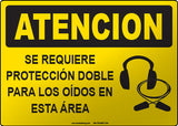 Caution: Double Hearing Protection Required in this Area Spanish Sign