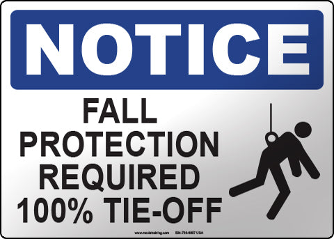 Notice: Fall Protection Required 100% Tie-Off English Sign