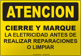 Caution: Lockout-Tagout Power Before Servicing, Repairing, Cleaning, or Retooling Equipment Spanish Sign
