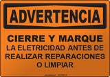 Warning: Lockout-Tagout Power Before Servicing, Repairing, Cleaning, or Retooling Equipment Spanish Sign